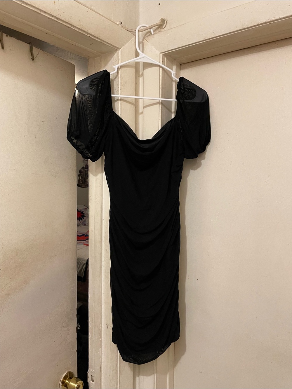 Women’s Black Ruched Bodycon Mini Dress Size Large Puff Sheer Sleeves Cowl Neck